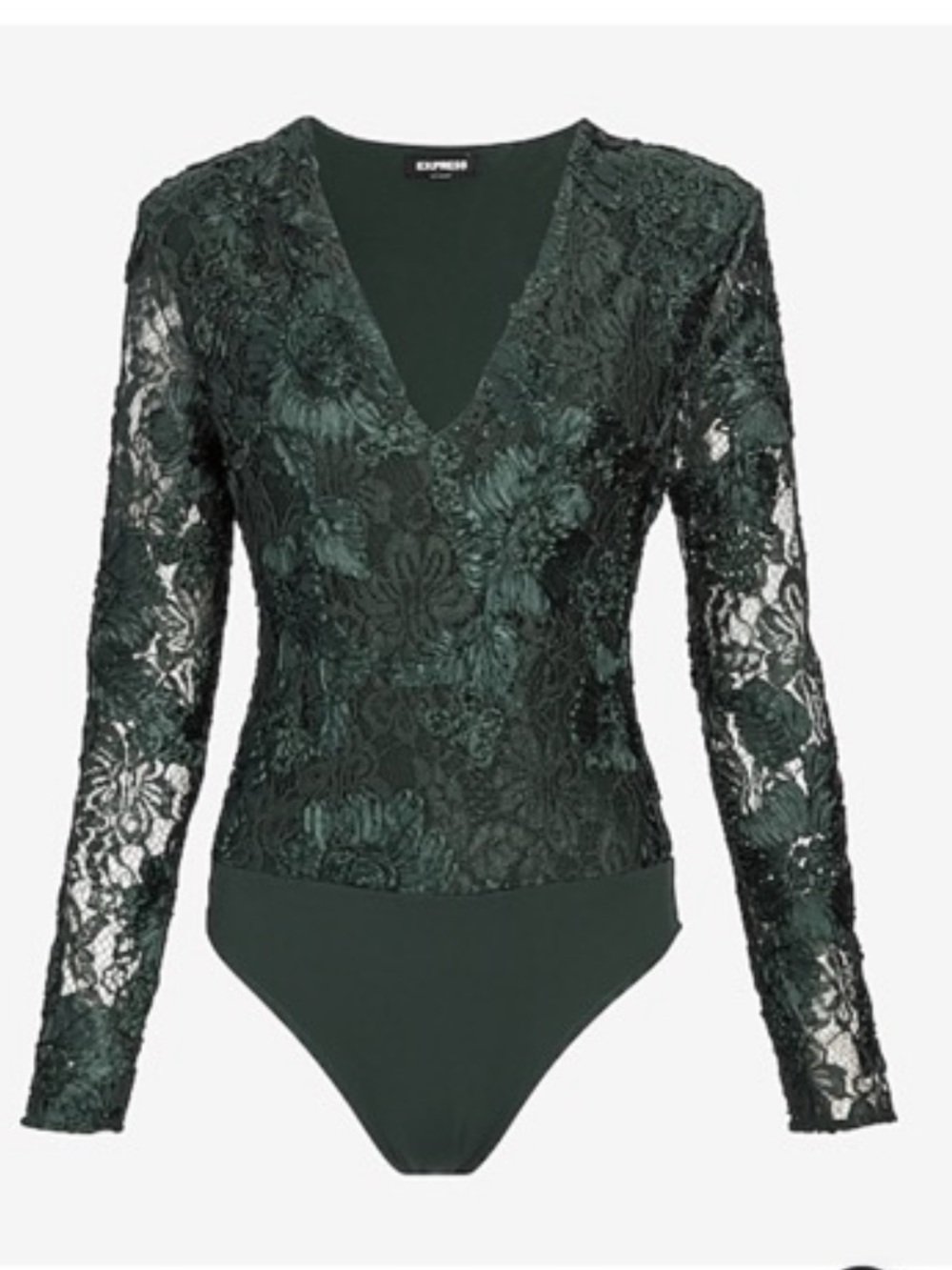 Express Dark Green Lace Applique Long Sleeve Bodysuit
